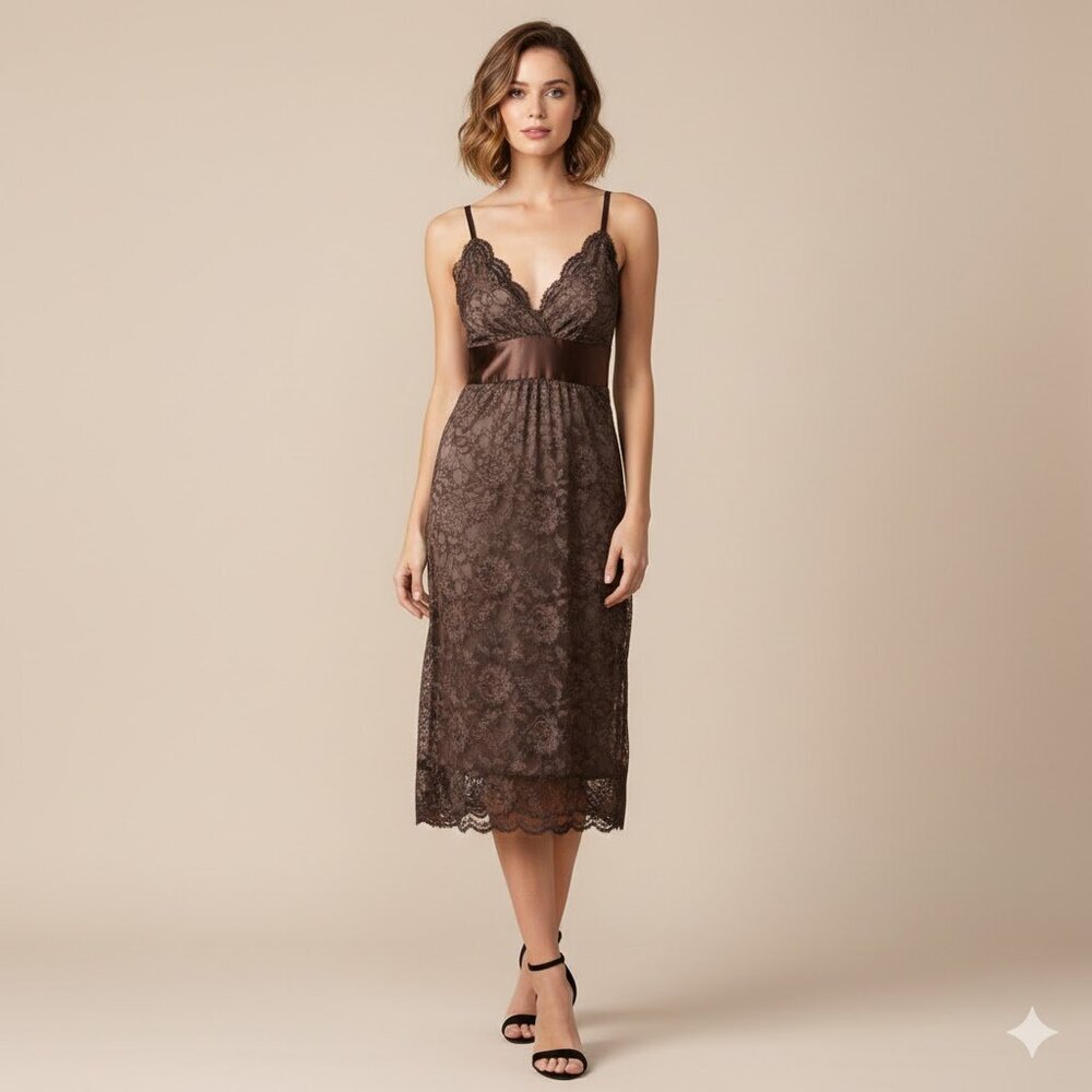 VINTAGE Brown Fairy Grunge Y2K Lace Babydoll Faux Wrap V-Neck Slip Dress SMALL